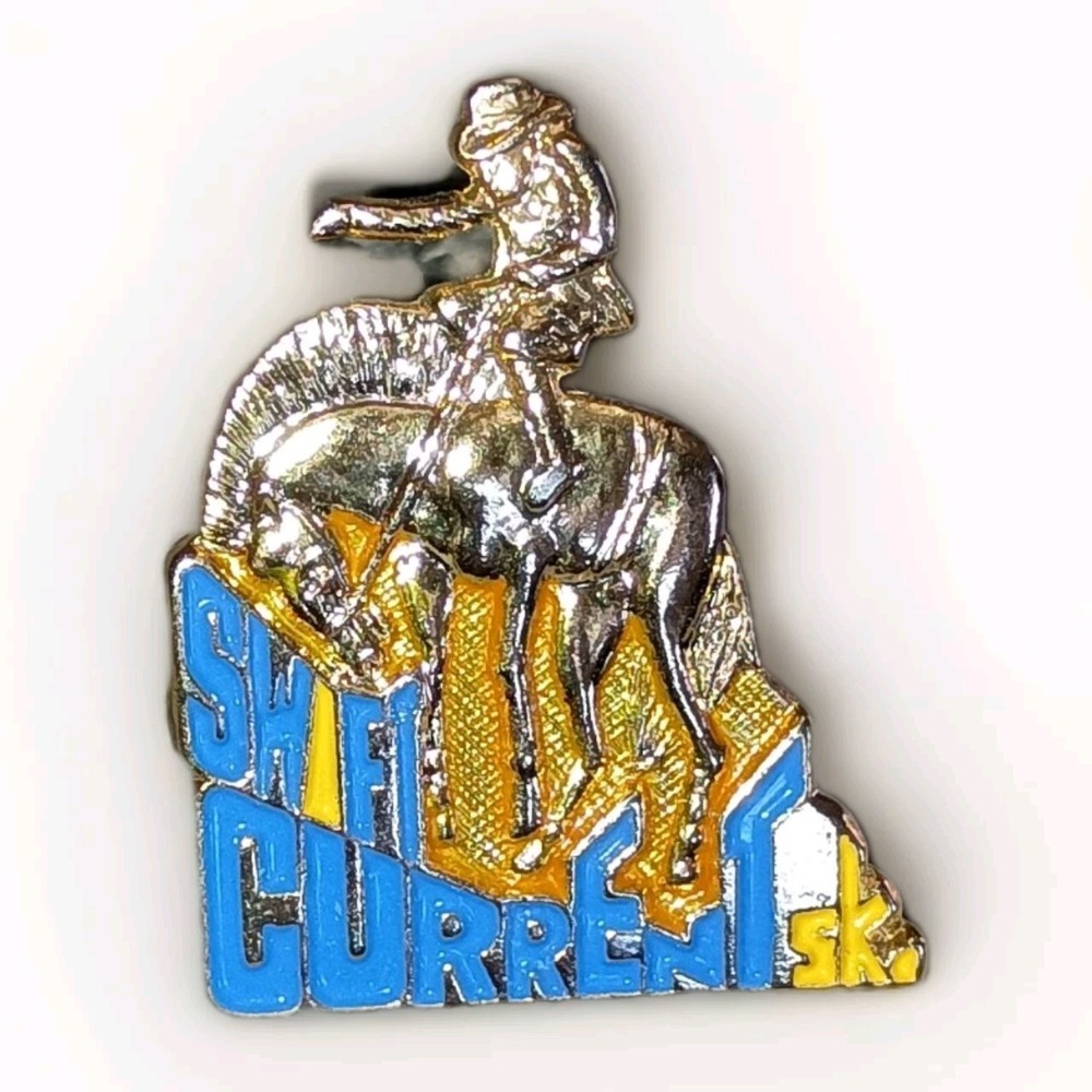 Swift Current Saskatchewan Horse Riding Gold Tone Blue Enamel Lapel Pin Pinback